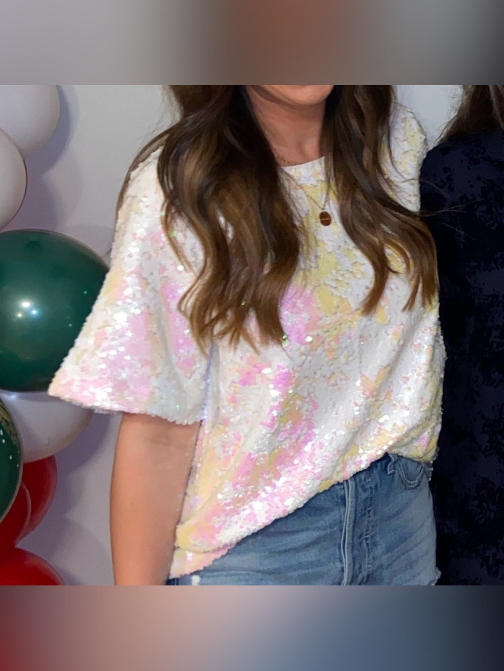 Buddy Love White Iridescent Sequin Blanche Top Short Sleeve Shirt Size Small EUC